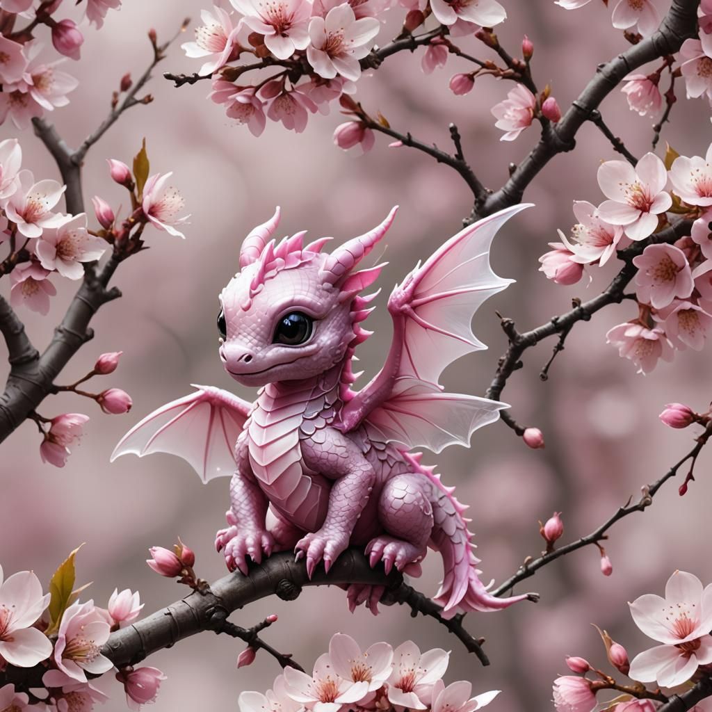Cute Pink Baby Dragon on Sakura Branch