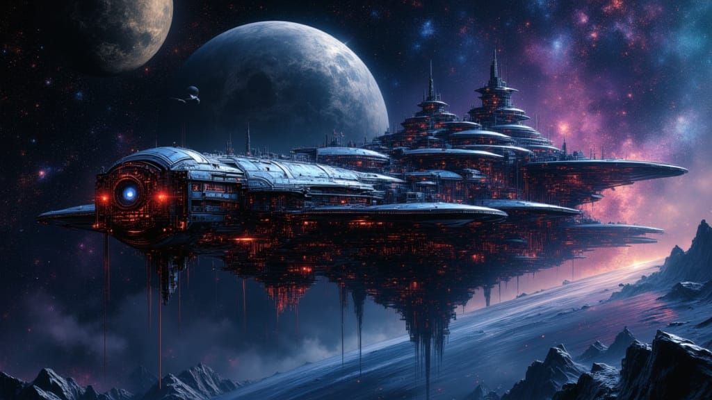 Space Noir Dreadnaut with Ringed Planet