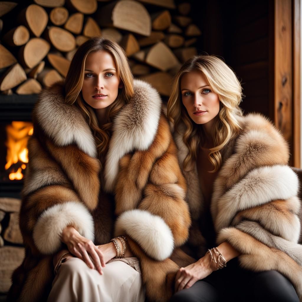 Russian and Ukrainian Women Cozy in a Log Cabin Fireplace Se...