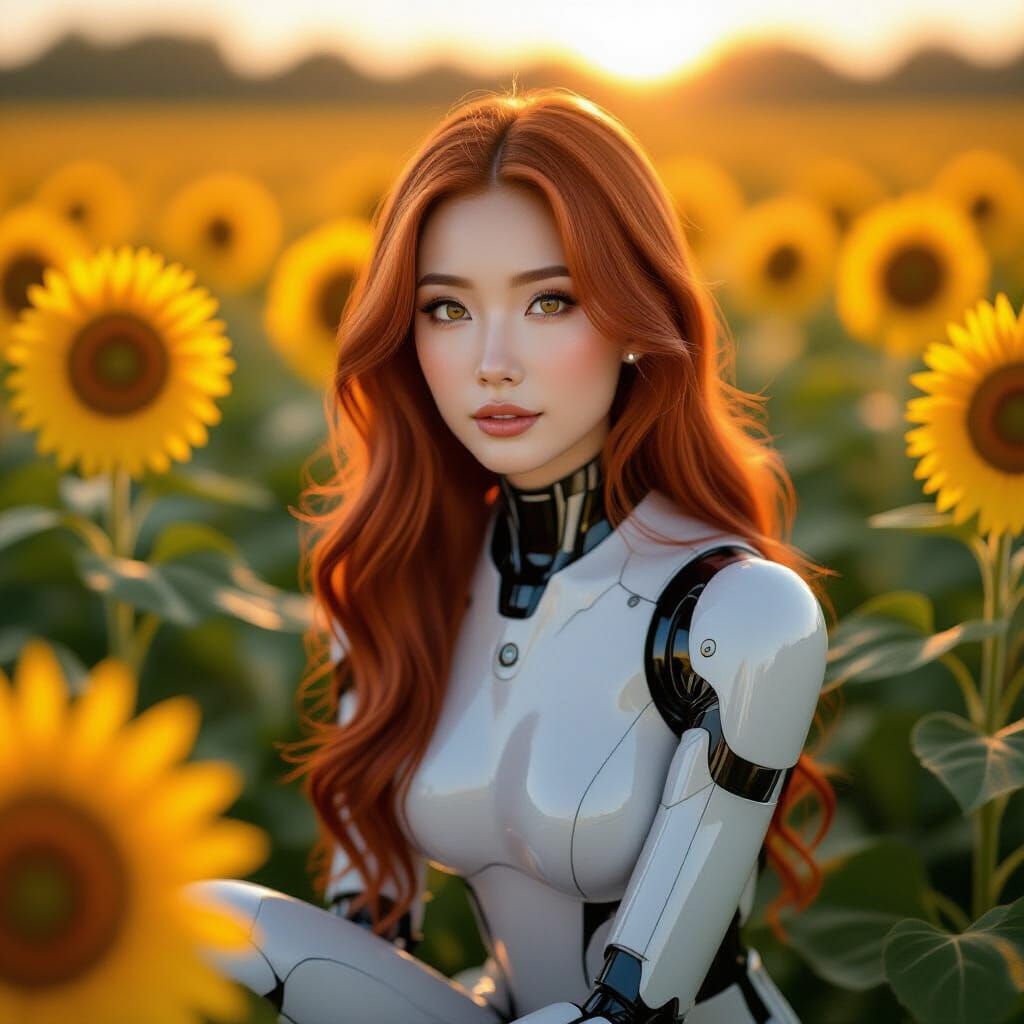 Android in Sunflower Field: Realistic Portrait