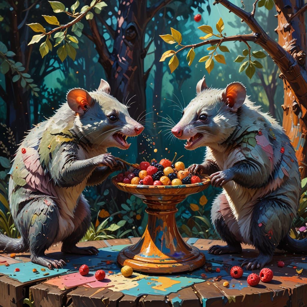 Surrealist Possums Weigh Nuts and Berries in a Garden Settin...