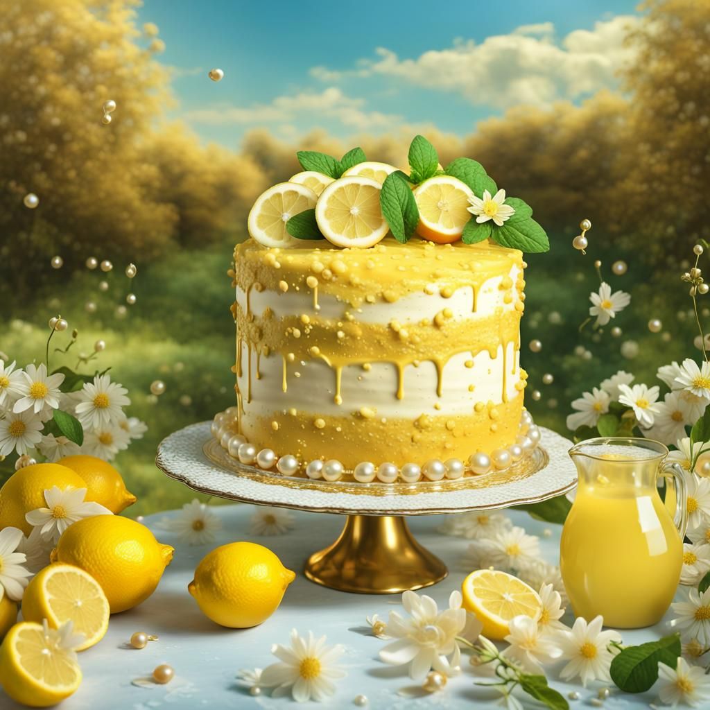 Lemon Cake in Meadow: Detailed Matte Painting