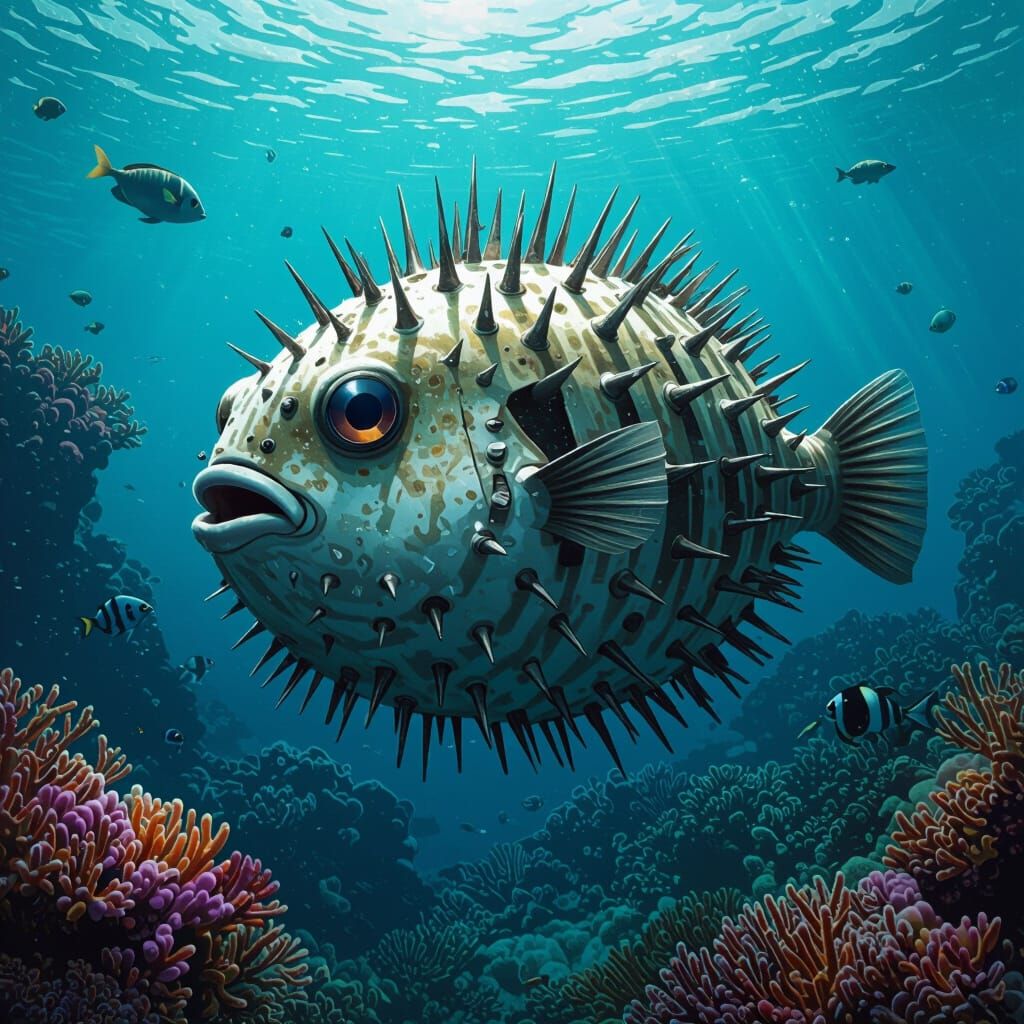 puffer fish that is puffed up with spikes, spikes are metal nails