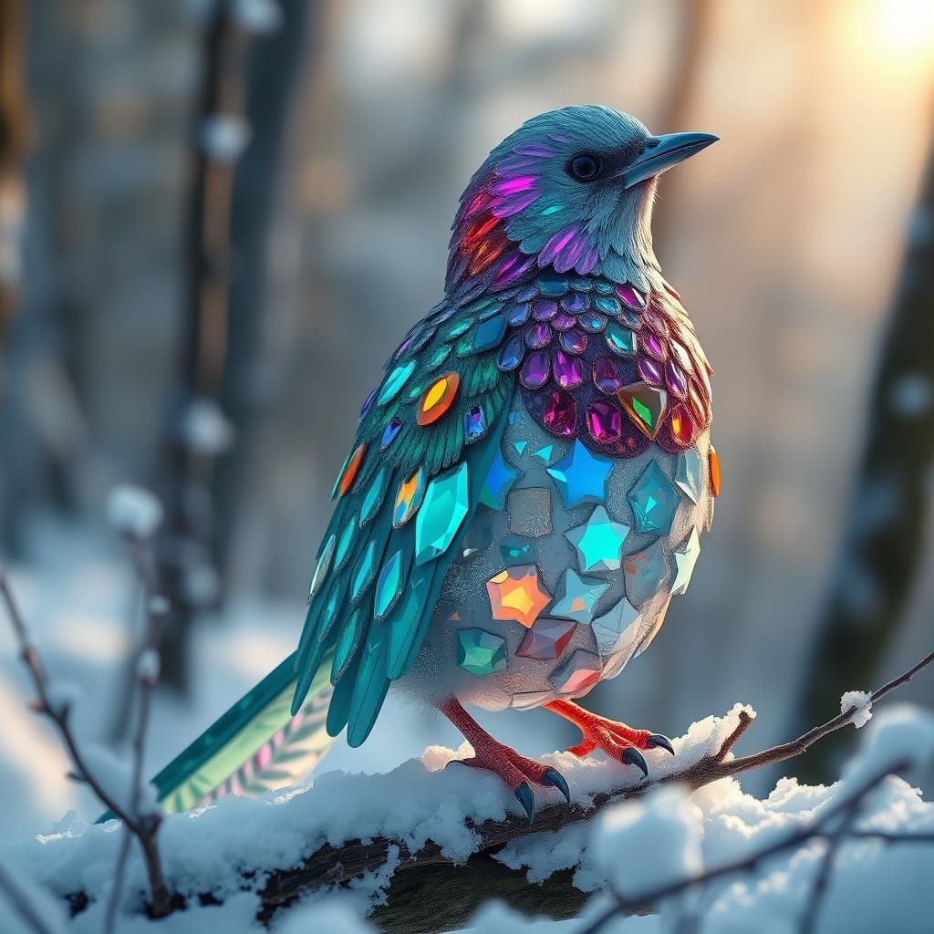 Surreal Jewel Bird in Iridescent Wings Takes Flight in Snowy...