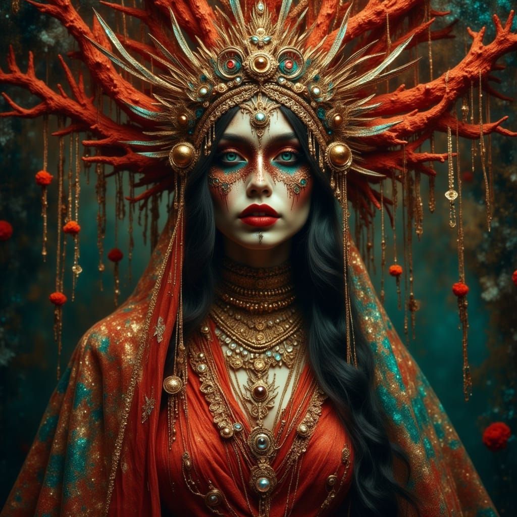 Luminous Coral Priestess with Balinese Mask
