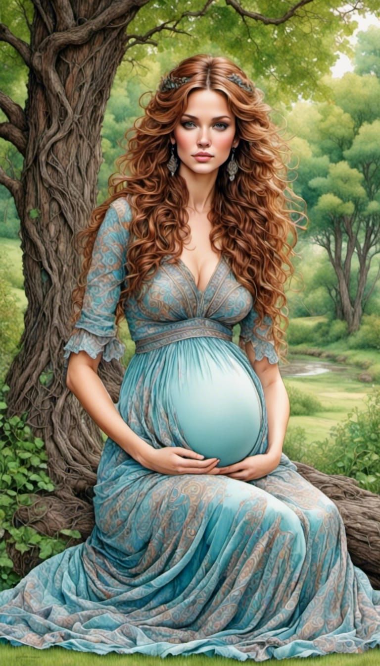 Beautiful Pregnant Woman in Park Illustration