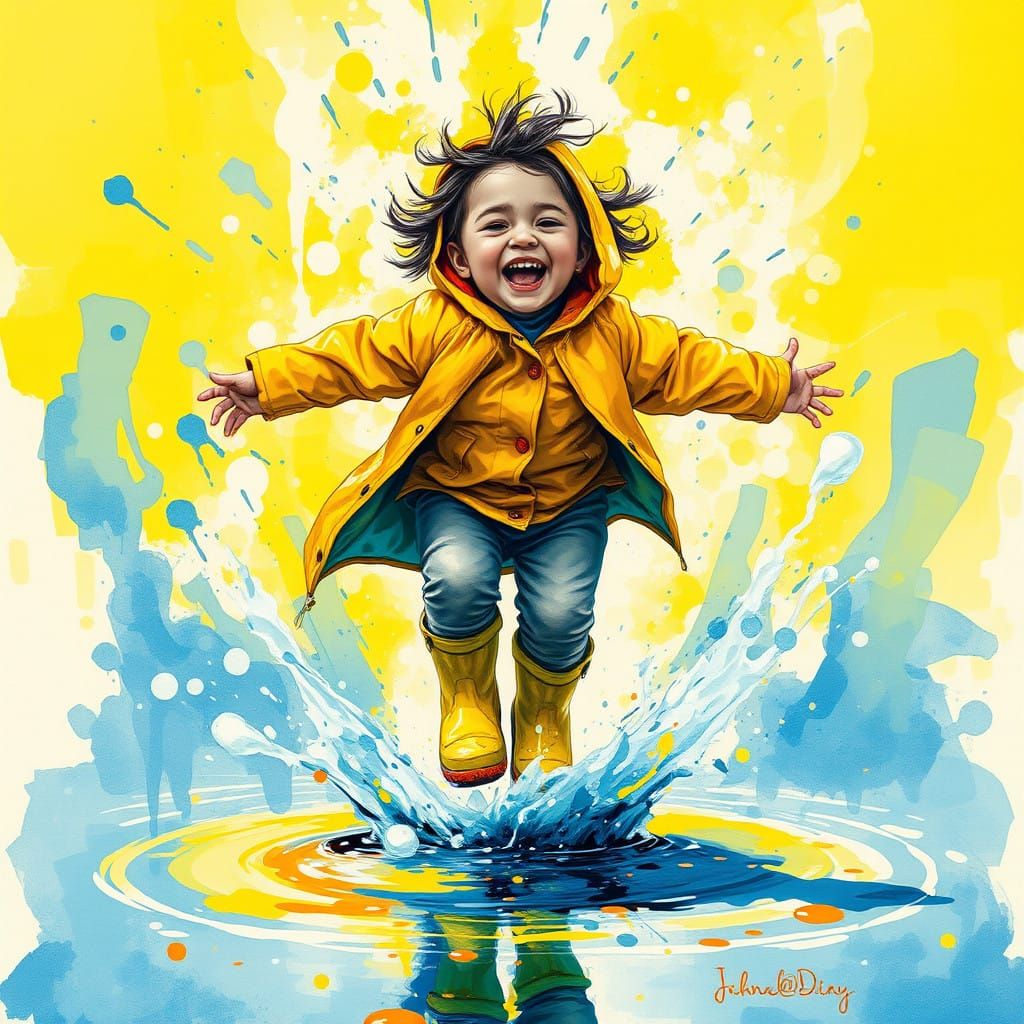 Joyful Child Leaps in a Vibrant Rainy Scene