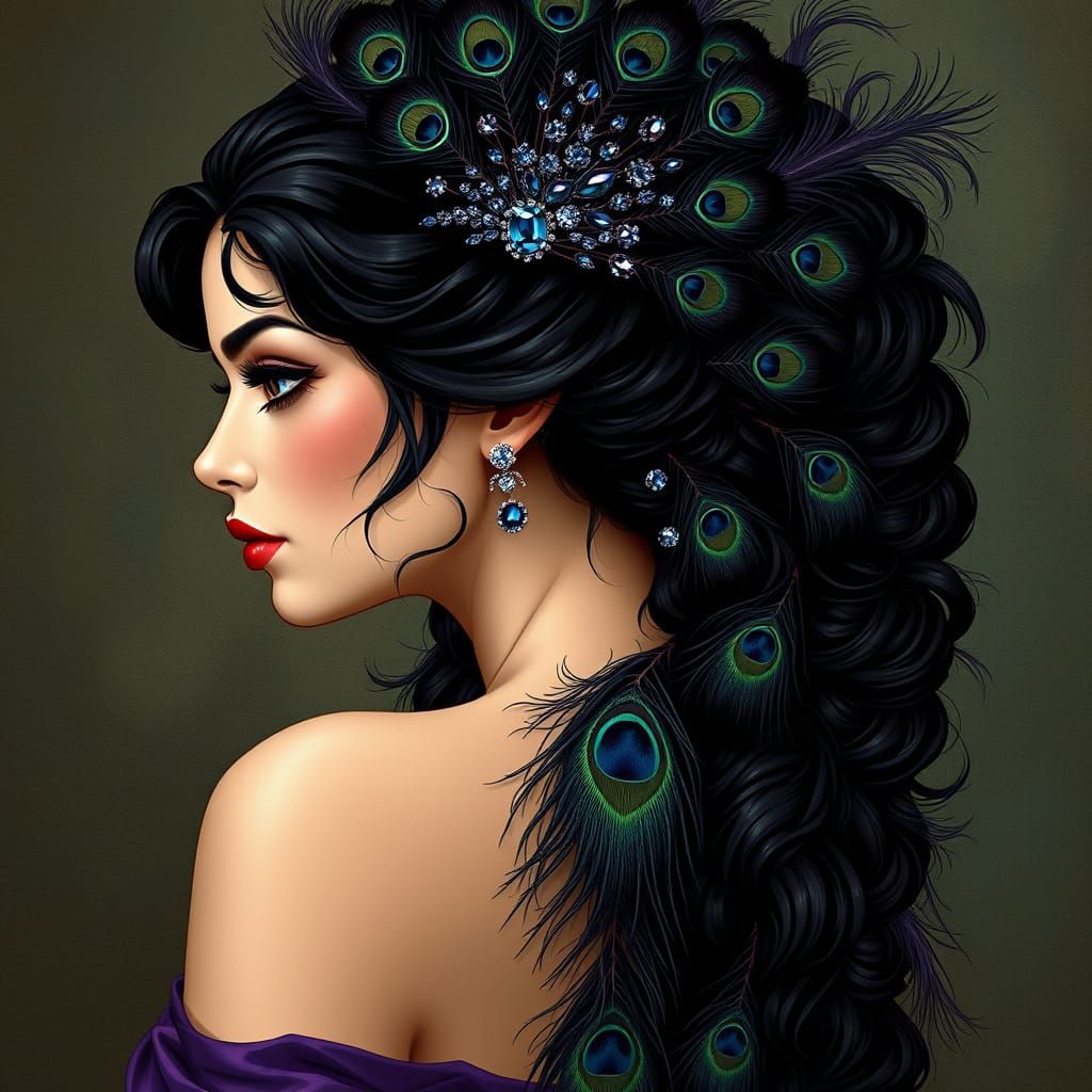 Woman in Purple Silk Gown Adorned with Peacock Feathers