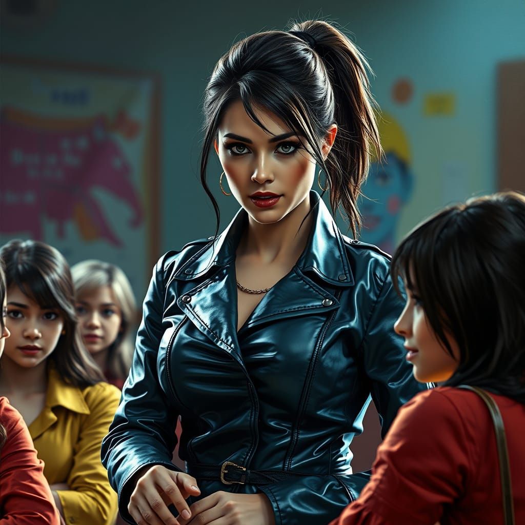 Strict Female Teacher Teaches in Leather Outfit