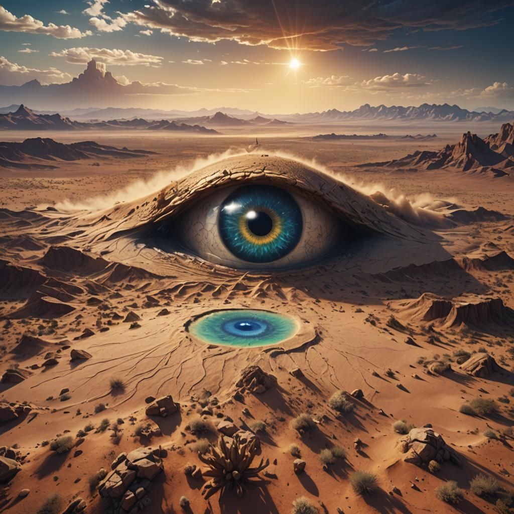 Surreal Eye Over Desert Landscape in Detailed Digital Painti...