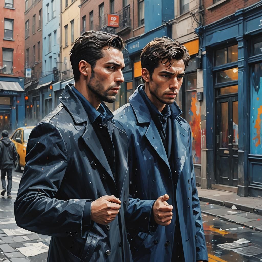 Men Debating in Coats: Hyperrealistic Splash Art