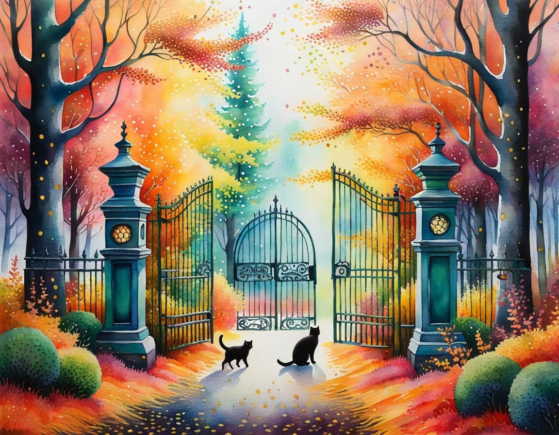 Ethereal Cats Playing by Forest Gates in Watercolor