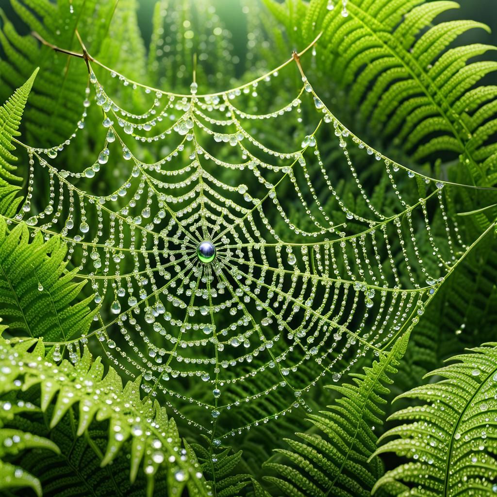 Glittering Dew-Kissed Spiderweb: Rococo Digital Art