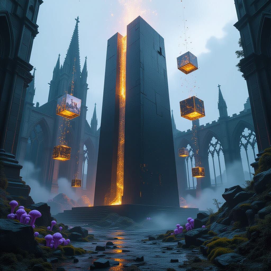 Cosmic Energy Flows from Monolith in Ruined Cathedral