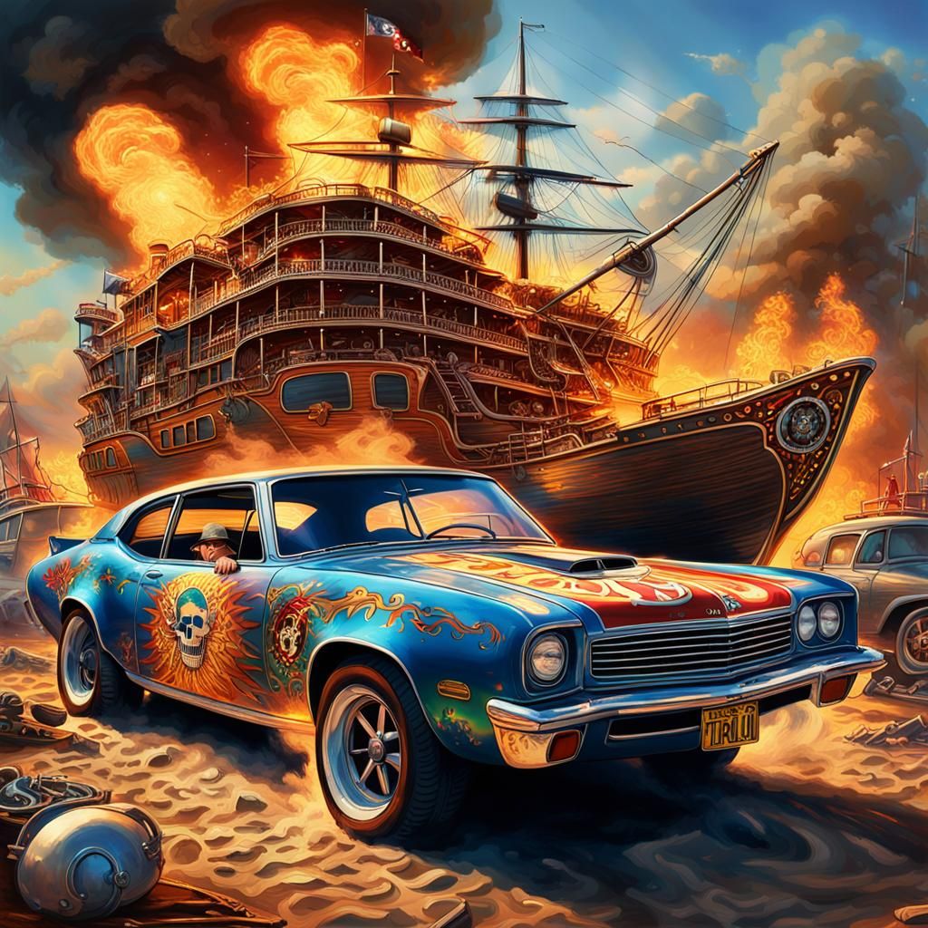 Bonfire Scene with Pirate Ship in Digital Art