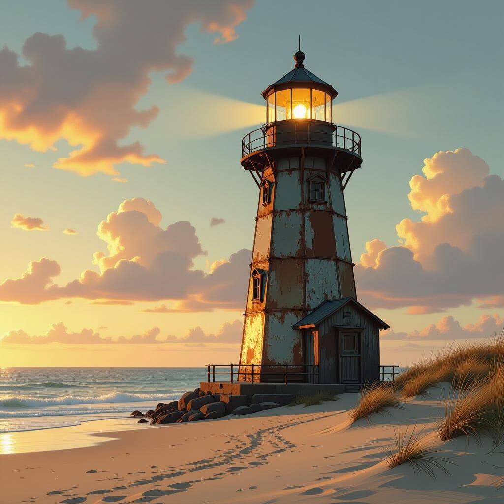 Metal Lighthouse on Pristine Beach in Dystopian Style