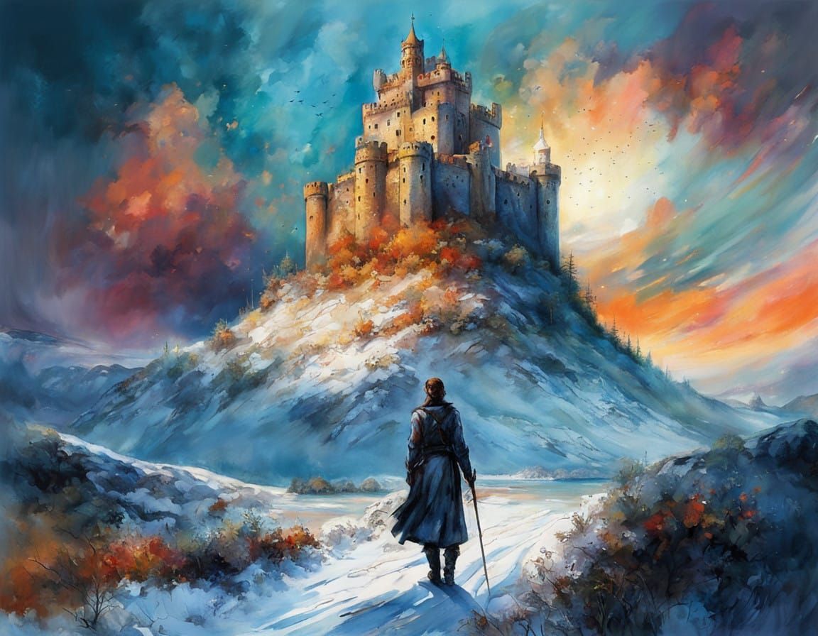 Surreal Landscape of White Tower Amidst Snowy Mountains