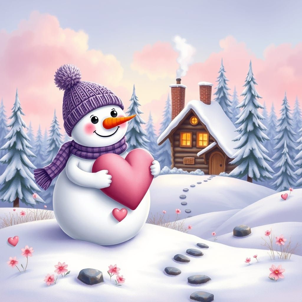Winter Wonderland Snowman Scene in Whimsical Style