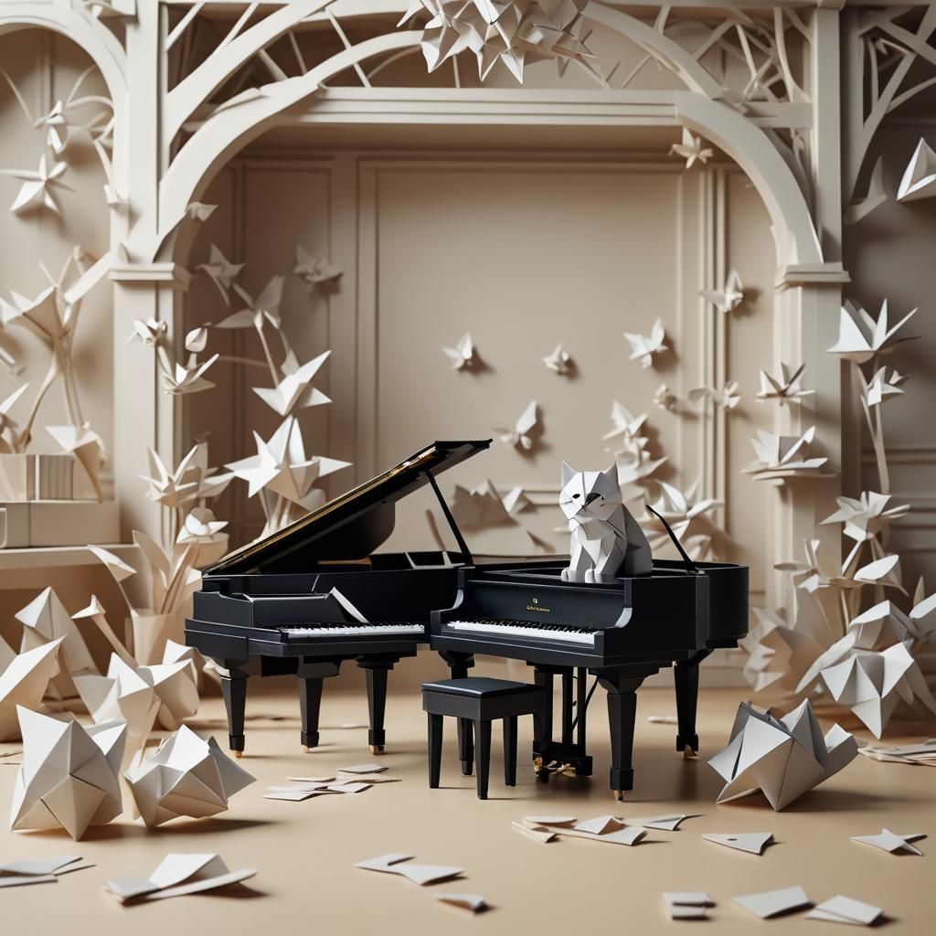 Cat Plays Piano with Origami Papercraft Details