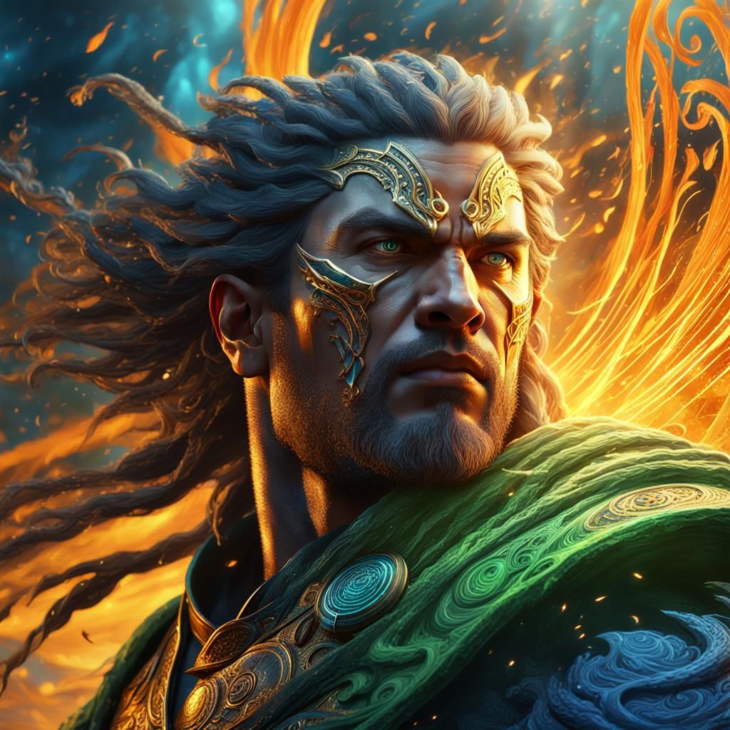 Warrior in Elemental Vortex: A Digital Painting