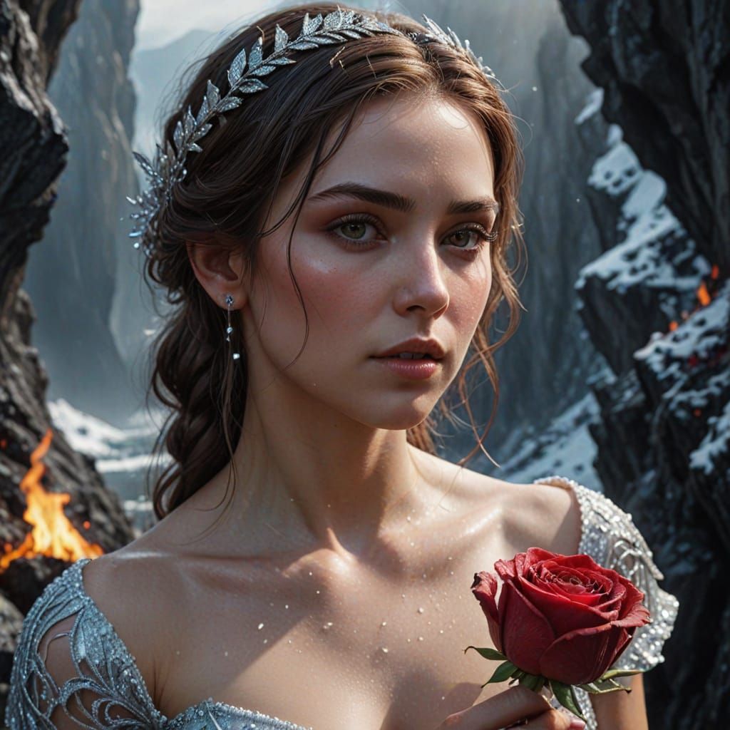 Couple of Ice and Flame Holding Roses on Snowy Mountain