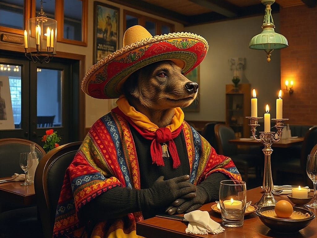 Coati in Sombrero at Mexican Restaurant, Oil Painting