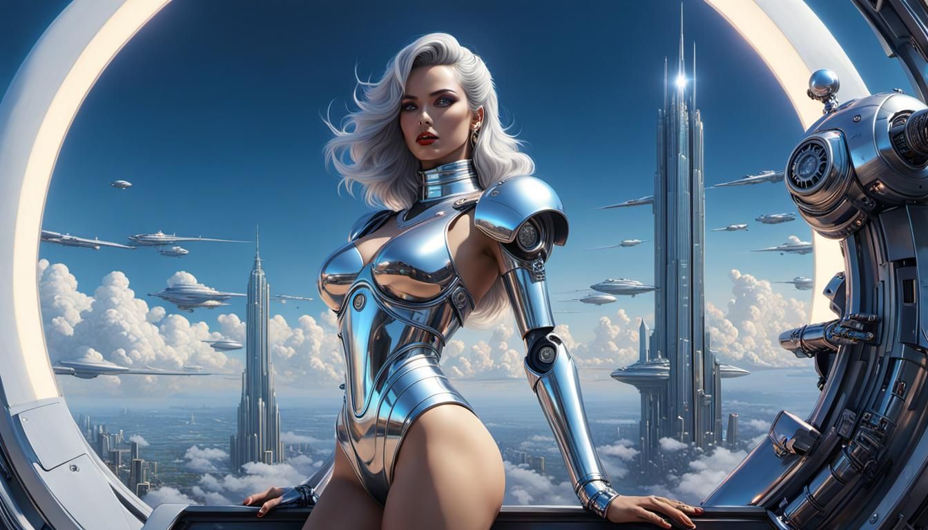 Sensual Robot Girl in Retro-Futuristic Sci-Fi Landscape