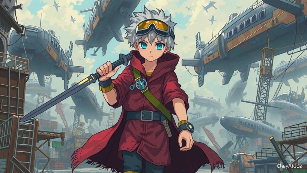 Boy in Junkyard with Airships, Cel-Shaded in Anime Style