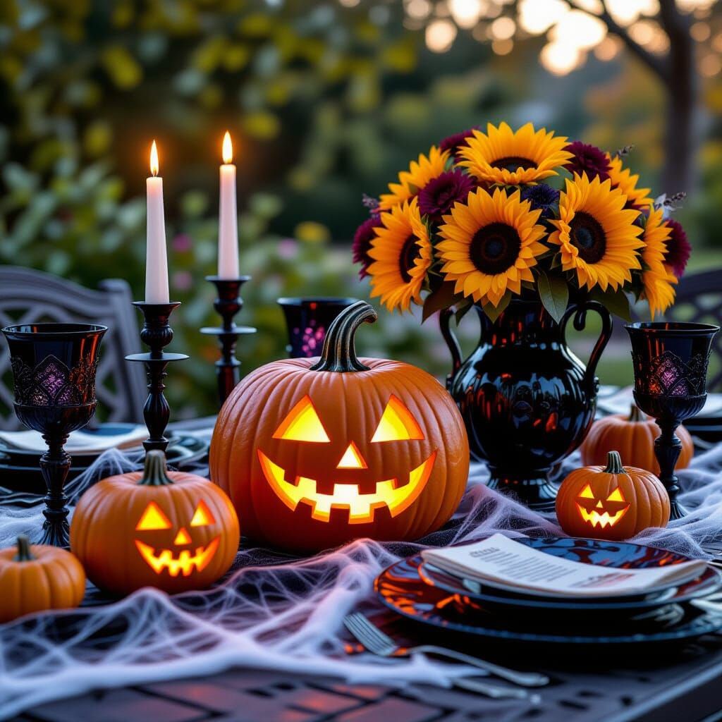 Spooky Halloween Patio Table Setting with Carved Pumpkins