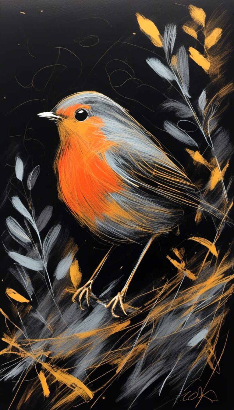 Colorful Robin Portrait with Gilding and Ink