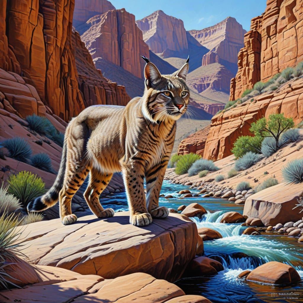Vibrant Desert Landscape with Bobcat in Oil Painting Style