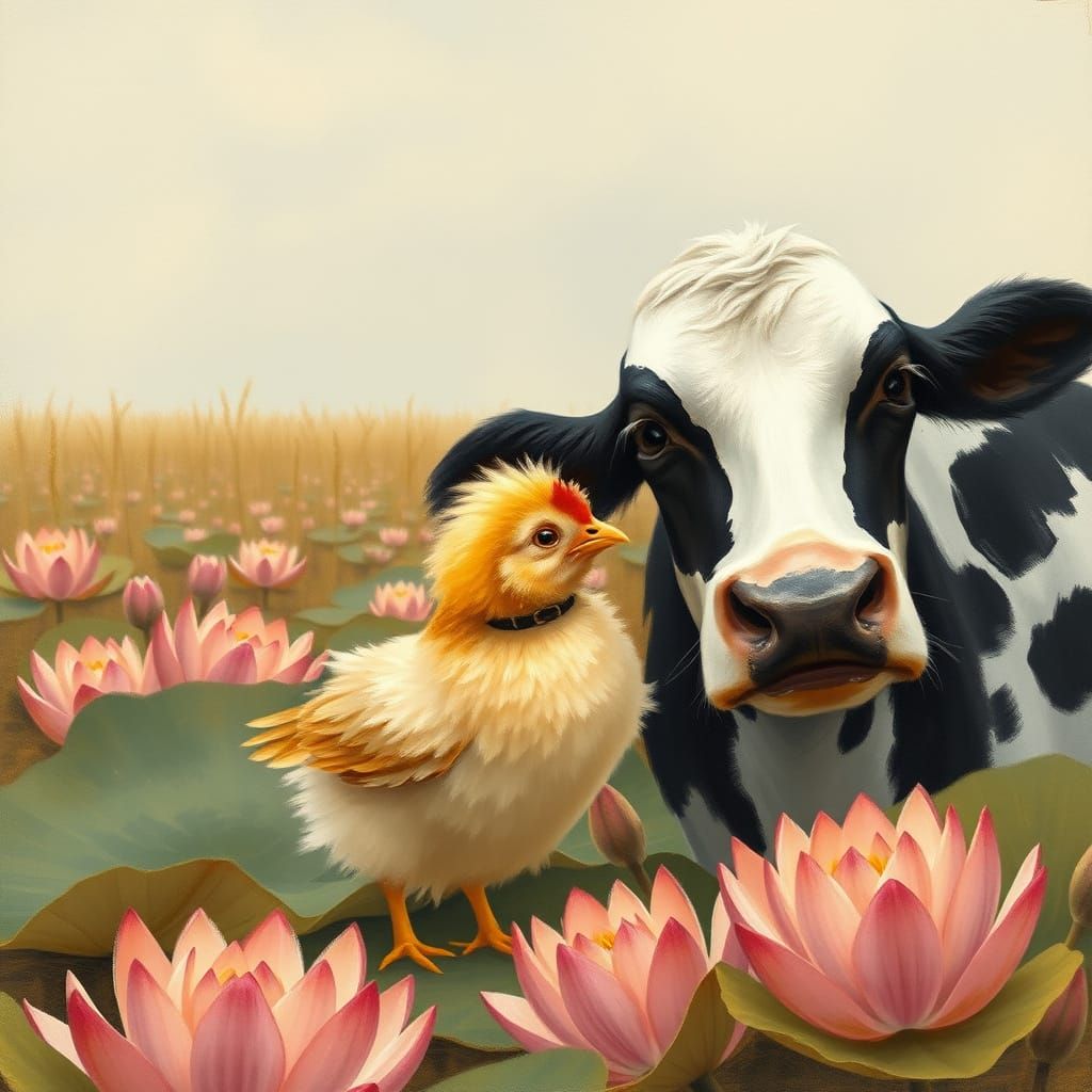 Chicken Stroking Cow in Impressionistic Style