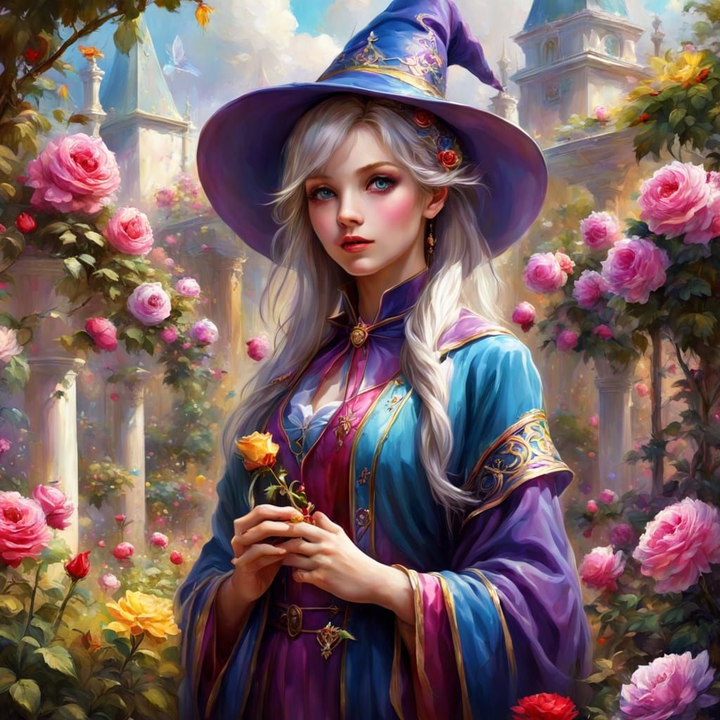 Girl Wizard in Rose Garden, Anime Style