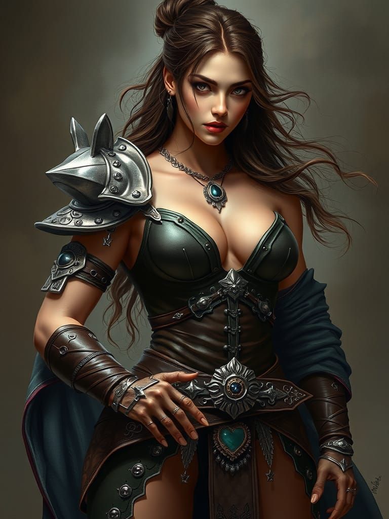 Alluring Warrior in Leather Armor, Fantasy Illustration