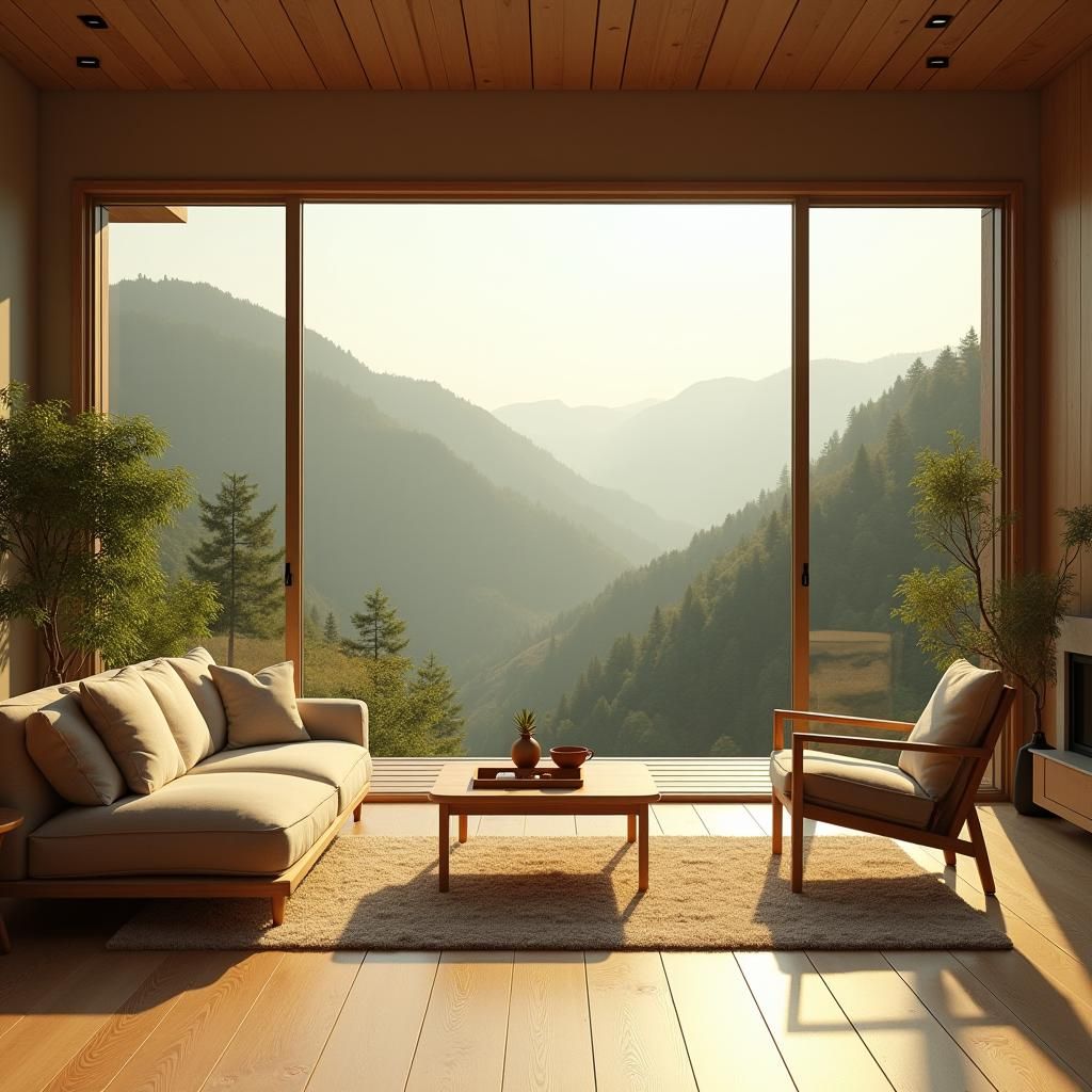Modern Living Room with Mountain View in Japandi Style