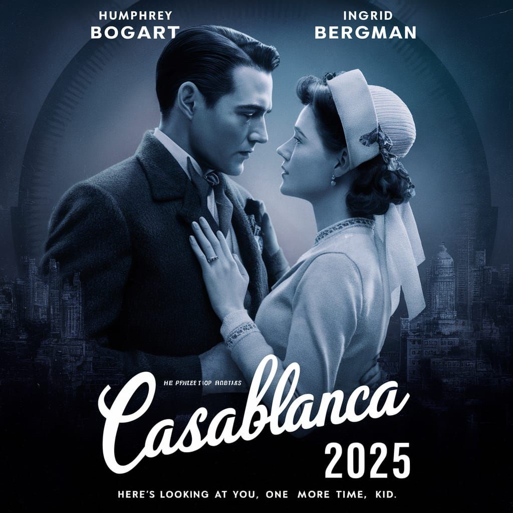 Futuristic Casablanca Movie Poster with Virtual Avatars