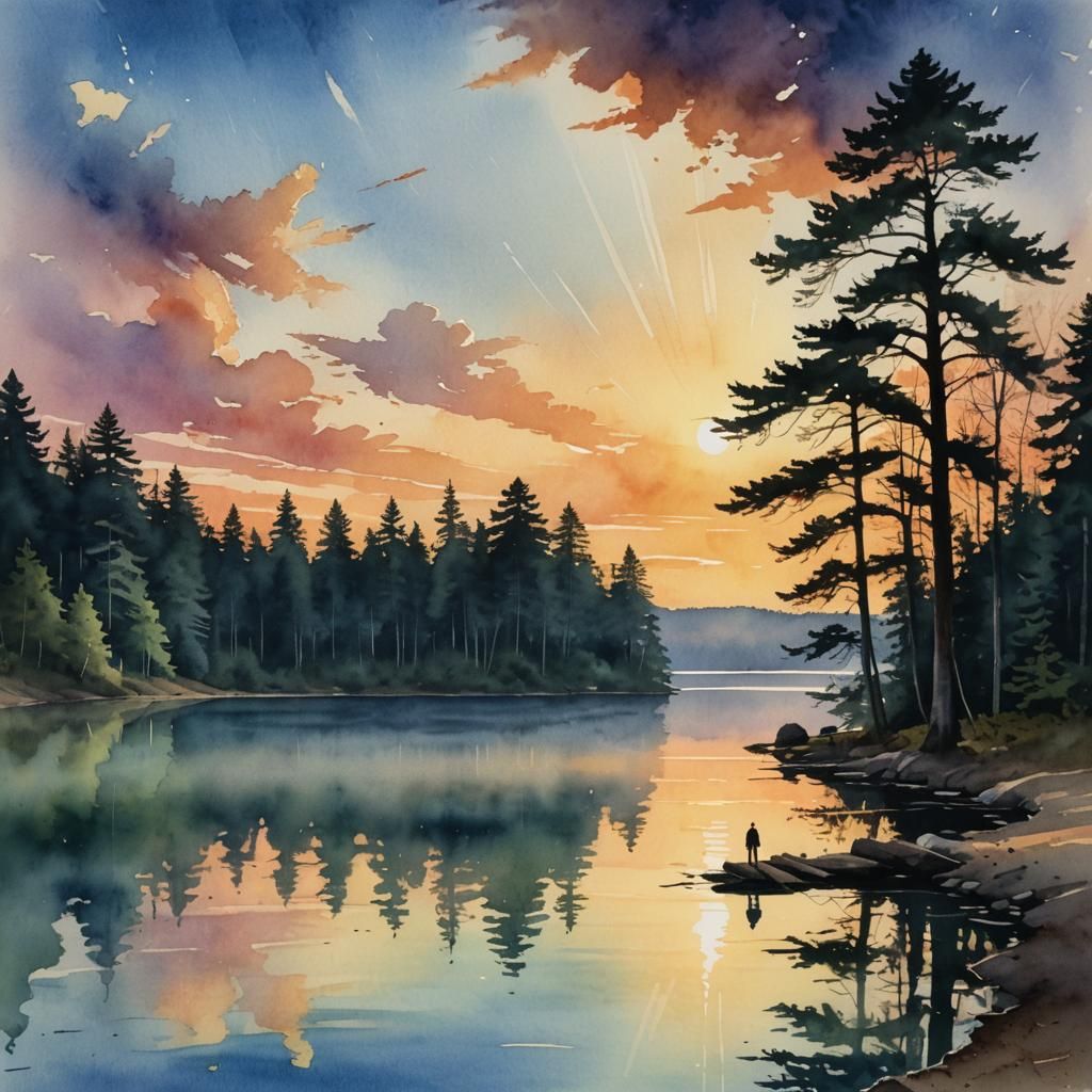 Walden Pond: Cabin at Sunrise, Watercolor Illustration