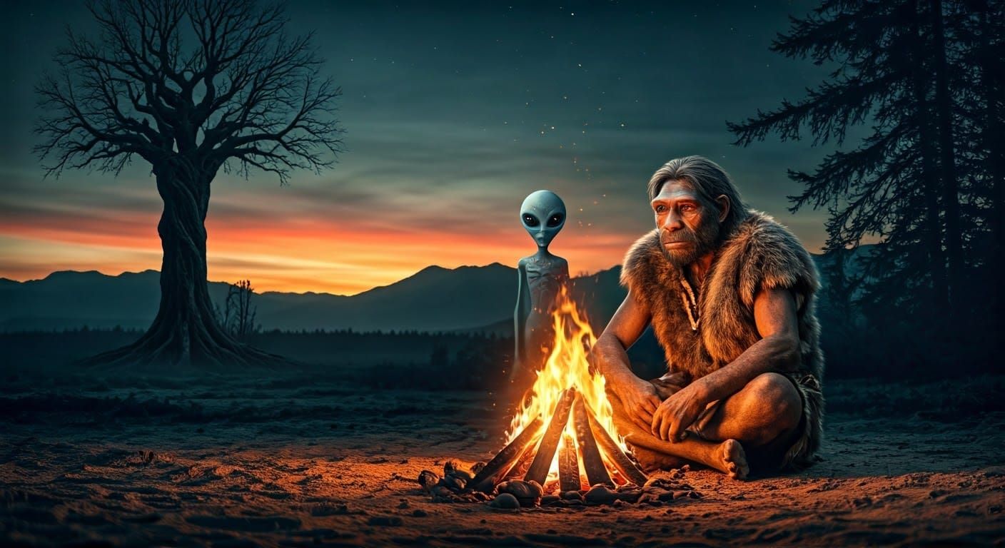 Neanderthal Bonfire with Alien Observer: Beksiński Style