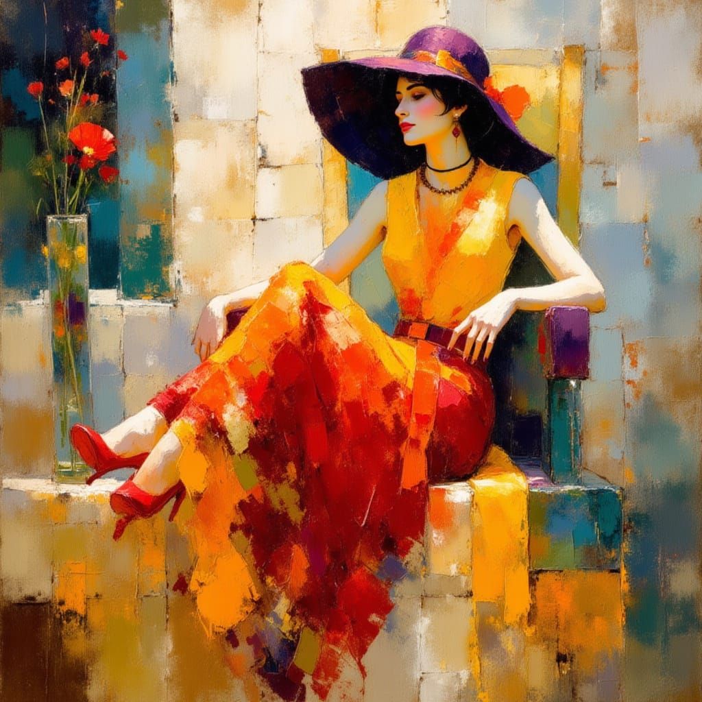 Elegant Woman in Abstract Impasto Painting Style