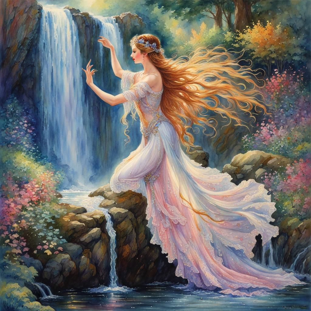 Majestic Waterfall Scene with Water Sprite Dance School