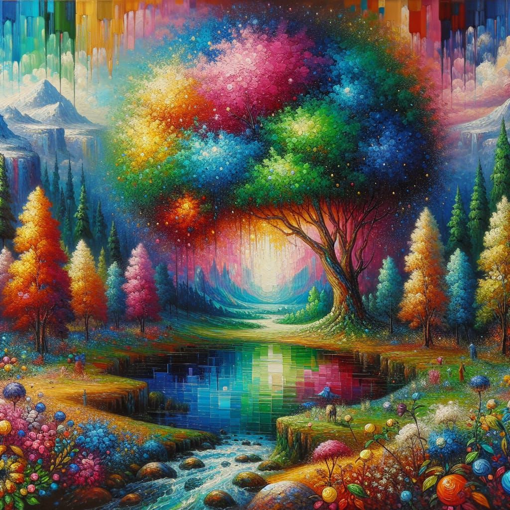 Magical Colorful Landscape Oil Painting Through Window