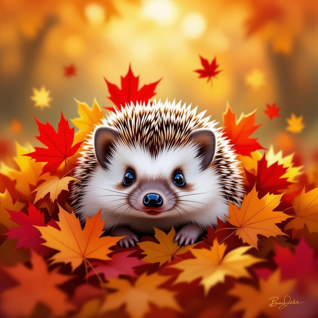 Cute Hedgehog Peeking From Autumn Leaves in Whimsical Style