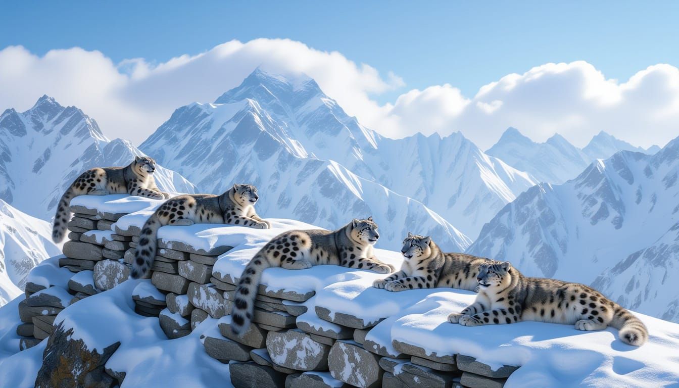 Snow Leopards on Mountain Shelf in Bright Sunlight