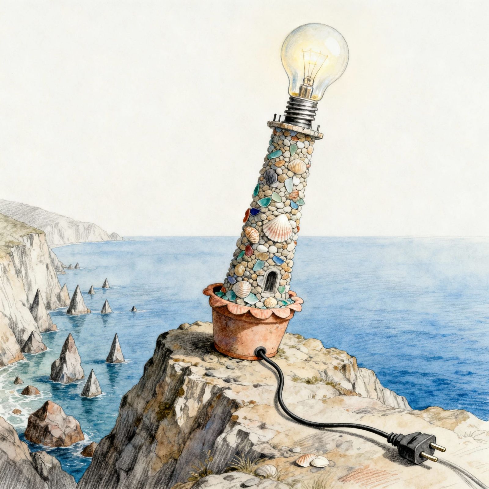 Surreal Pebble Lighthouse on Cliff in Pencil and Watercolor