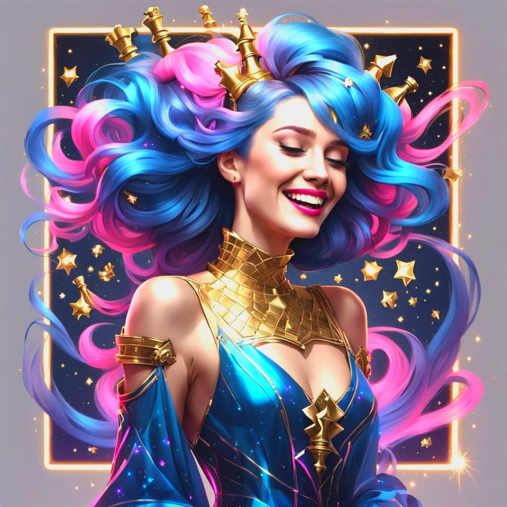 Majestic Starlight Goddess on Golden Chessboard in Vibrant N...