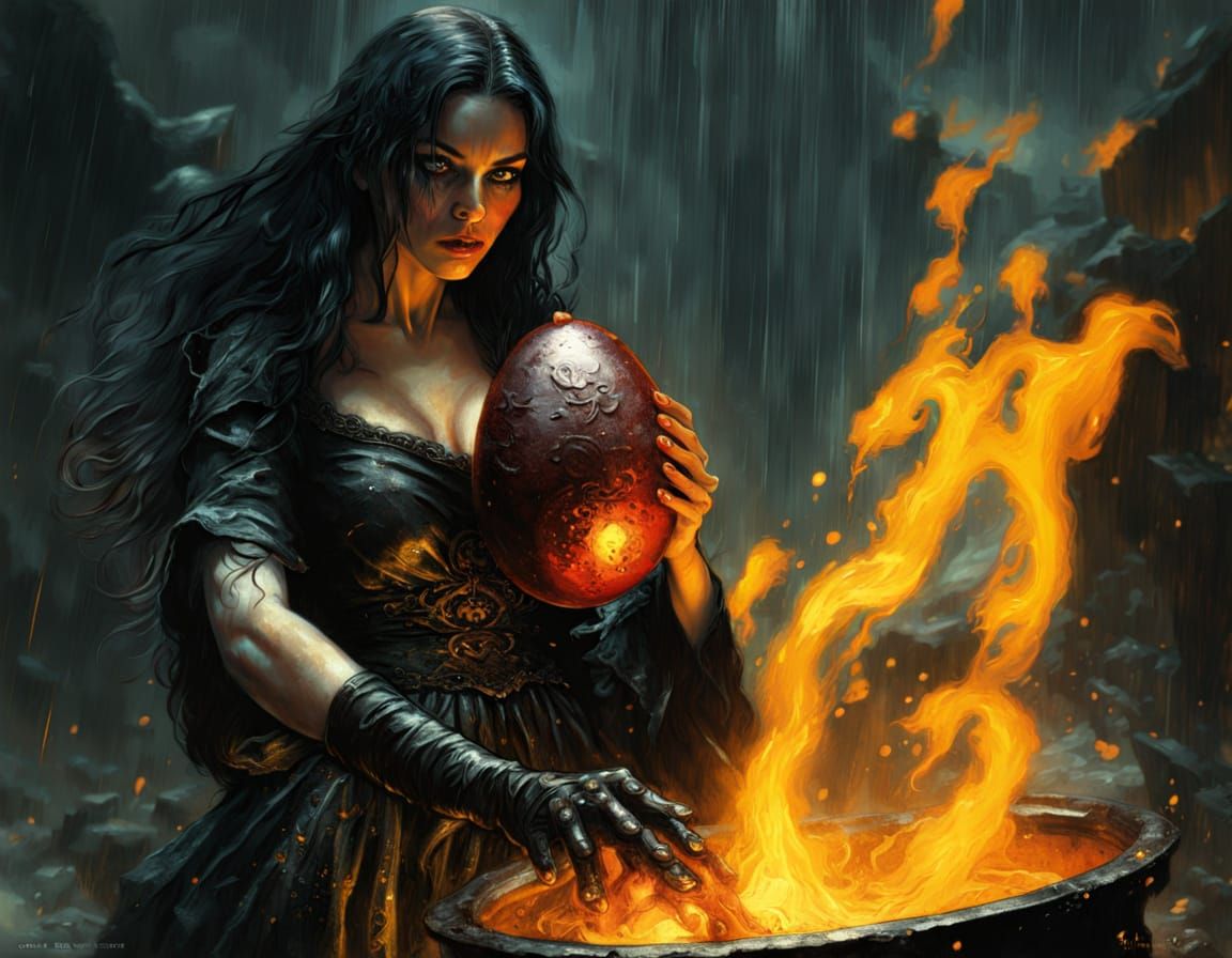 Goth Witch Woman Holds Alien Egg Over Fiery Cauldron