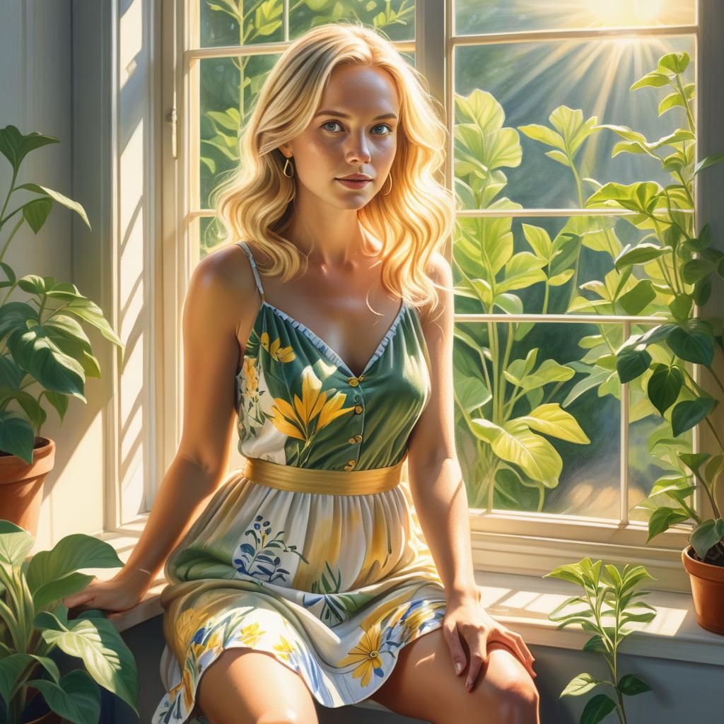 Blond Woman in Sundress: Colored Pencil Illustration