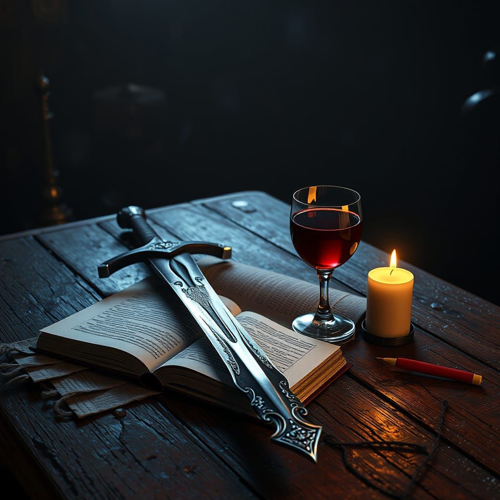 Fantastical Items on an Ancient Wooden Table