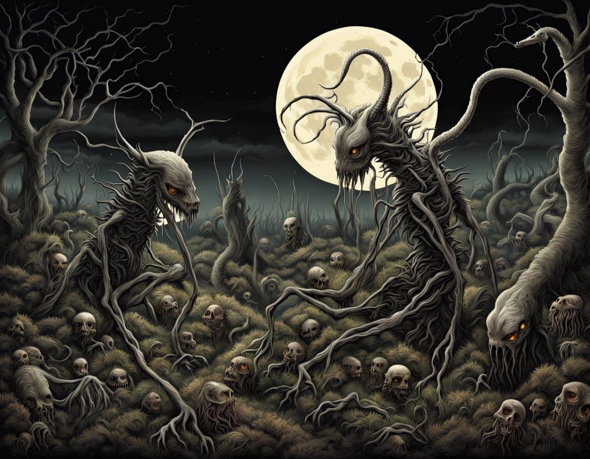 Eerie Garden Under Sickly Moon: A Surreal Vision