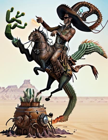 a cowboy on fire in a desert with lizzard, cactus, scorpions...